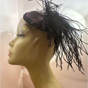 Taissa Lada Handmade Feather Fascinator Maribou Satin Lace Purple Black Hat Clip